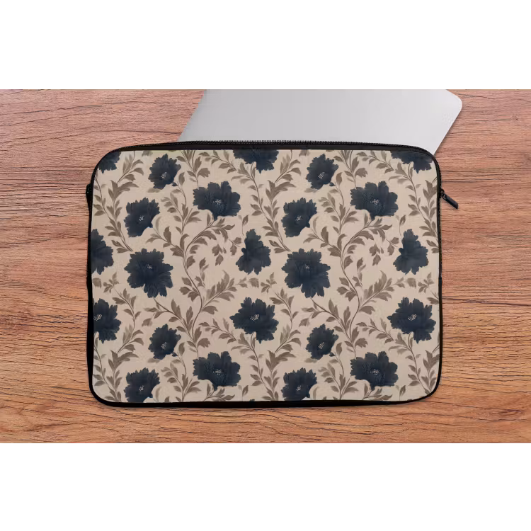 Motief - Bloemen - Zwart - Beige laptophoes neopreen klein 279 -tafel