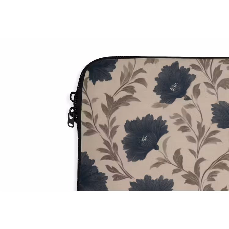 Motief - Bloemen - Zwart - Beige laptophoes neopreen klein 279 -detail