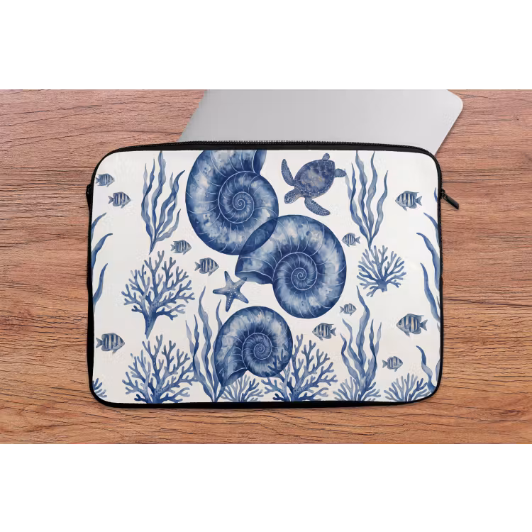 Schelp - Spiraal - Zeeleven - Aquarel - Blauw laptophoes neopreen klein -tafel