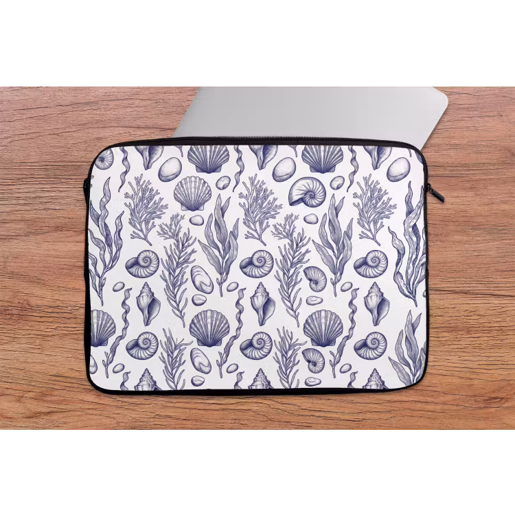 Schelpen - Zeewier - Oceaan - Illustratie - Blauw laptophoes neopreen klein -tafel