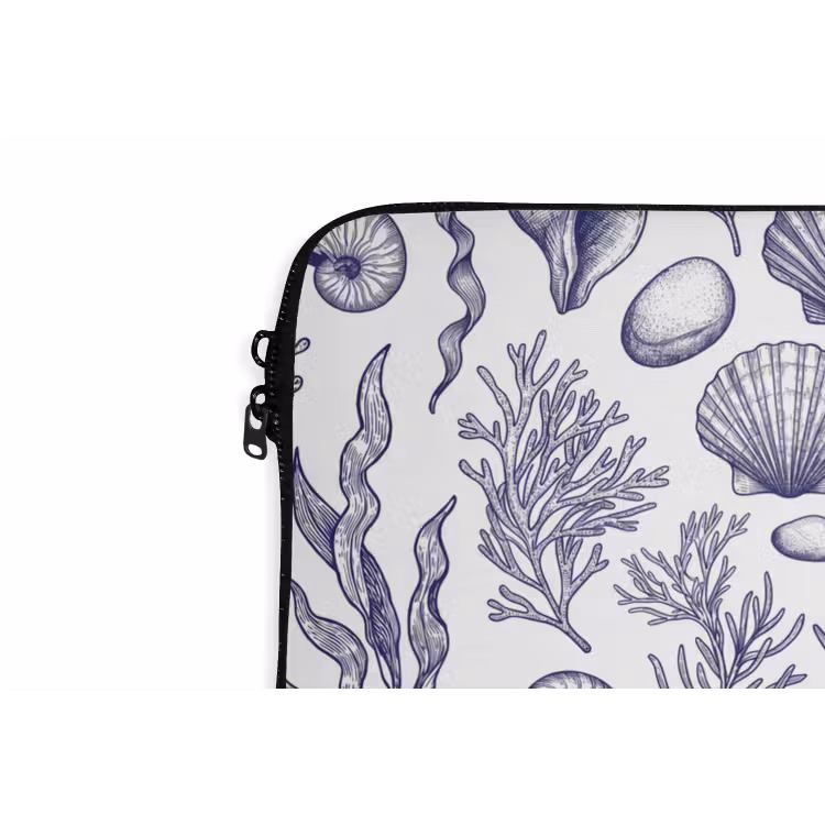 Schelpen - Zeewier - Oceaan - Illustratie - Blauw laptophoes neopreen klein -detail