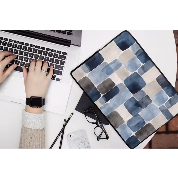 Patroon - Blauw - Vierkanten laptophoes neopreen klein -bureau