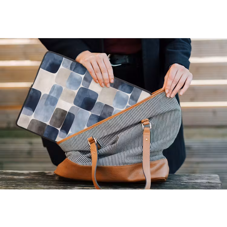 Patroon - Blauw - Vierkanten laptophoes neopreen klein -tas
