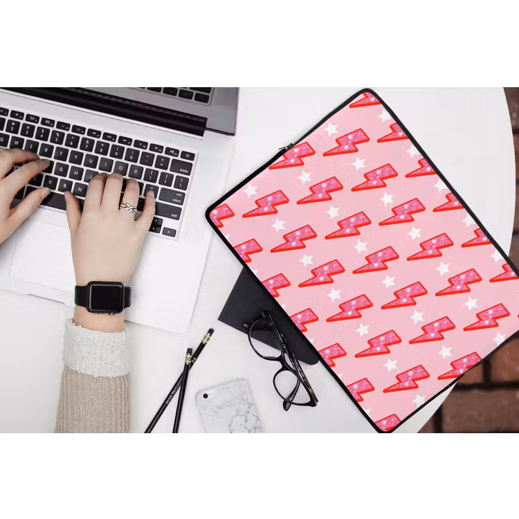 Patroon - Bliksem - Ster - Glitter - Roze laptophoes neopreen klein -bureau