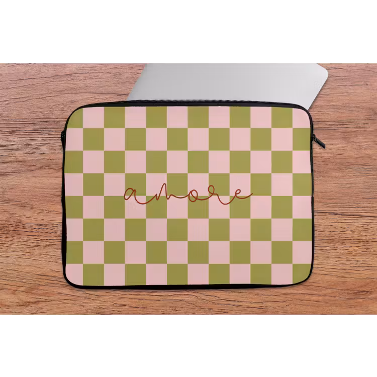 Patroon - Geblokt - Olijfgroen - Amore laptophoes neopreen klein -tafel