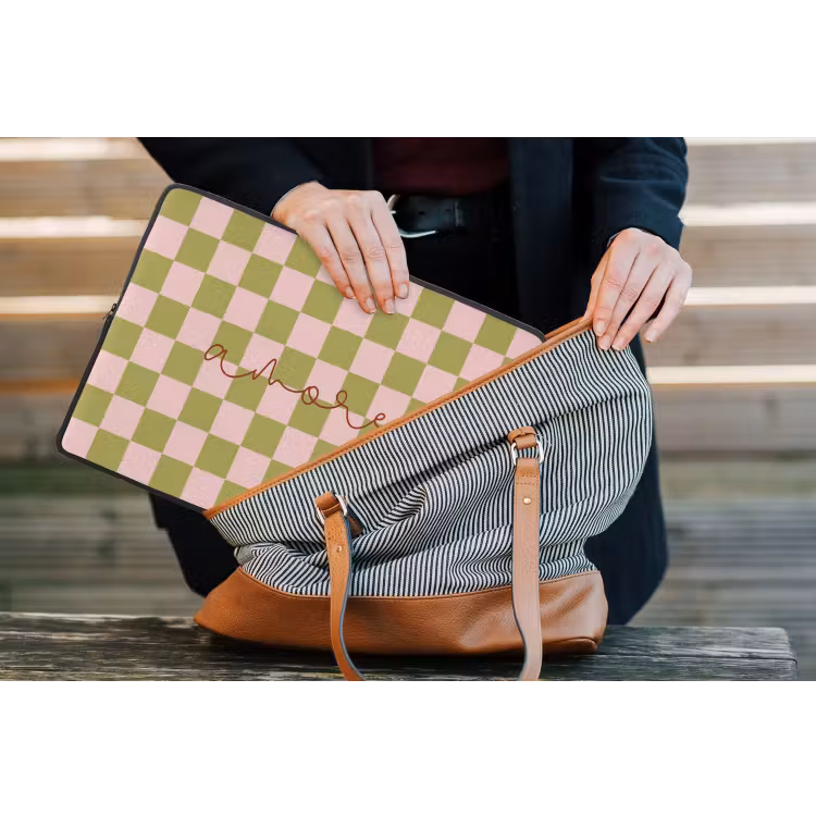 Patroon - Geblokt - Olijfgroen - Amore laptophoes neopreen klein -tas