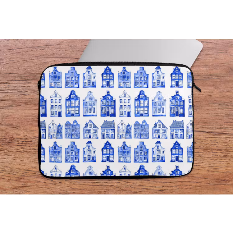 Patroon - Huizen - Blauw laptophoes neopreen klein 279 -tafel