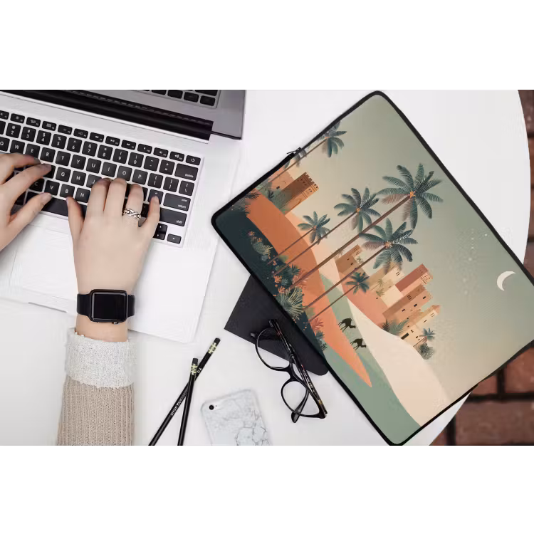 Nachtlandschap - Kamelen - Sterren - zandduinden laptophoes neopreen klein -bureau