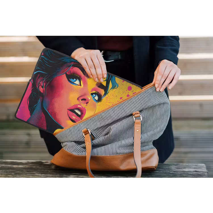 Close-up - Vrouwengezicht - Stippen - Geel laptophoes neopreen klein -tas
