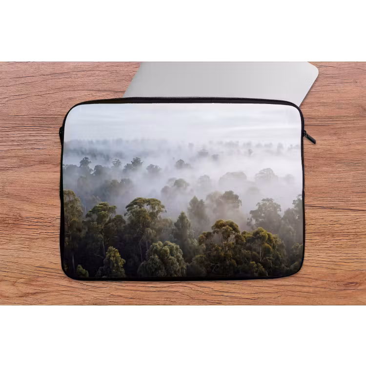 Natuur - Mist - Bos - Ochtend - Goud laptophoes neopreen klein -tafel
