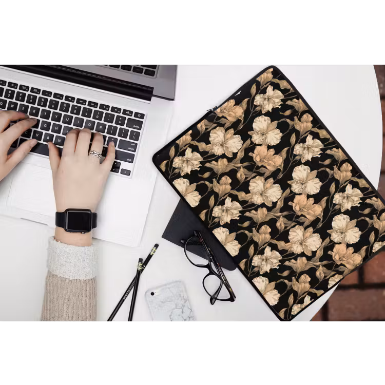Orchideeën - Lijntekening - Patroon - Beige - Zwart laptophoes neopreen klein 279 -bureau