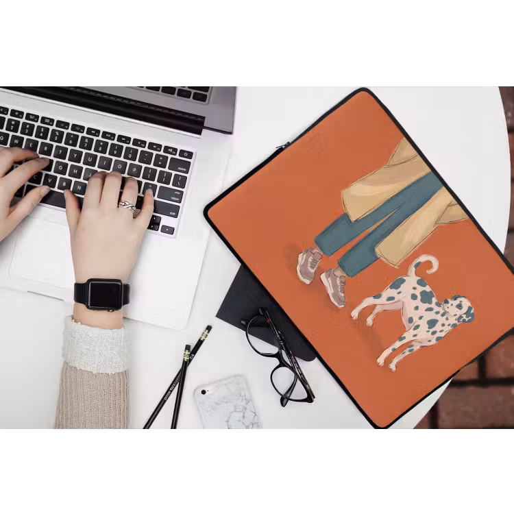 Persoon - Hond - Dieren - Illustratie - Modern laptophoes neopreen klein -bureau