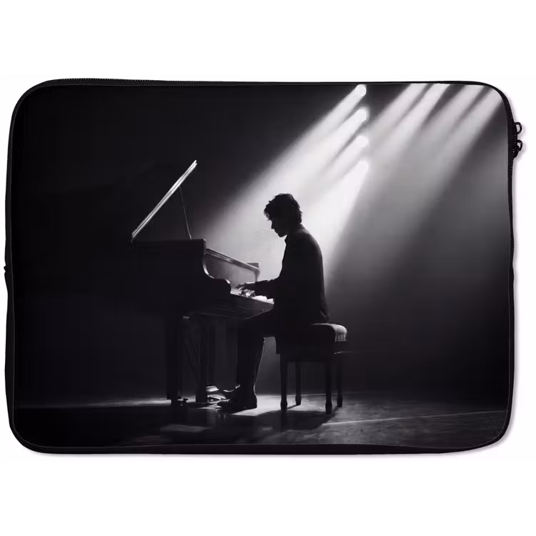 Persoon - Piano - Muziek - Zwart-wit - Podium laptophoes neopreen klein -zkaufland3dotto
