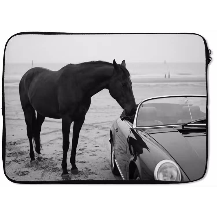 Paard - Auto - Zwart - Wit laptophoes neopreen klein -zkaufland3dotto