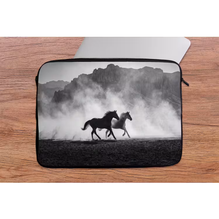 Paard - Ren - Stof - Zwart-wit - Dieren laptophoes neopreen klein -tafel
