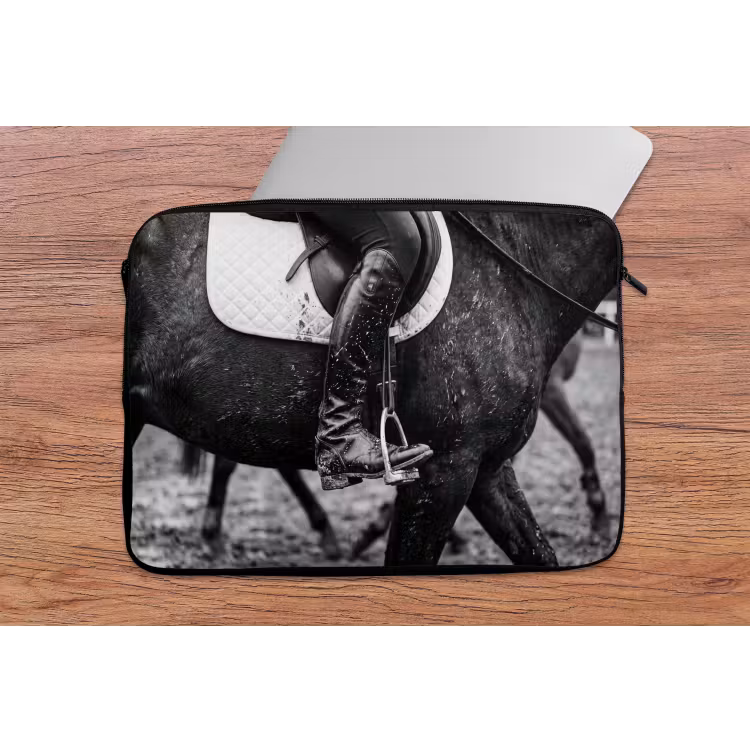 Paard - Sport - Zwart - Wit laptophoes neopreen klein -tafel