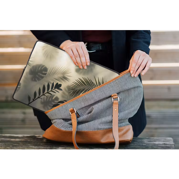 Planten - Bladeren - Schaduwen - Groen - Modern laptophoes neopreen klein -tas