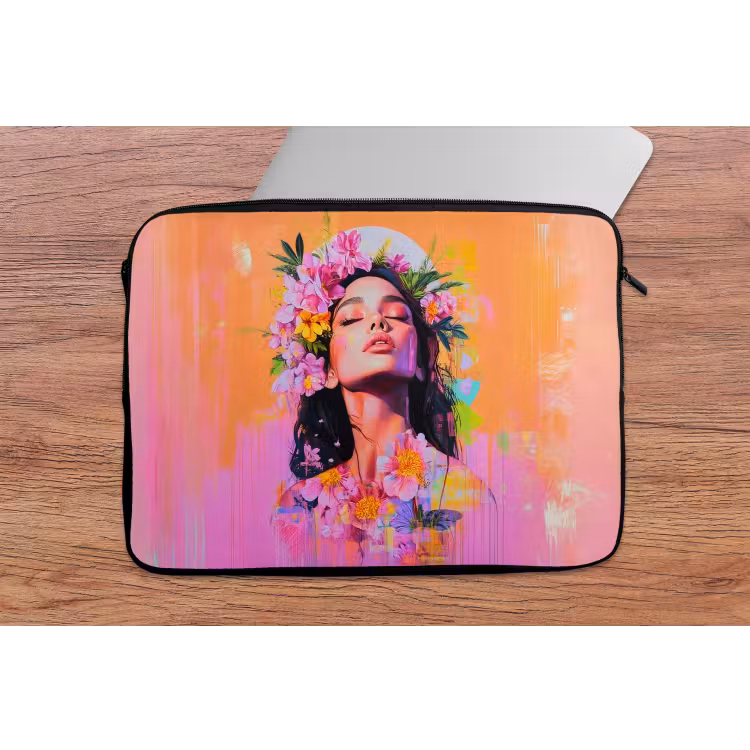 Portret - Bloemenkroon - Vrouw laptophoes neopreen klein -tafel