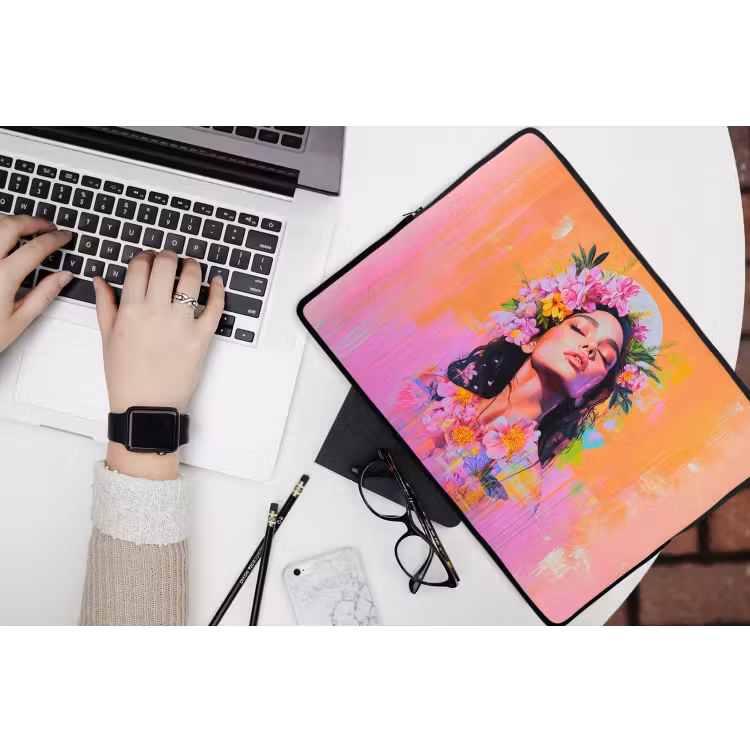 Portret - Bloemenkroon - Vrouw laptophoes neopreen klein -bureau