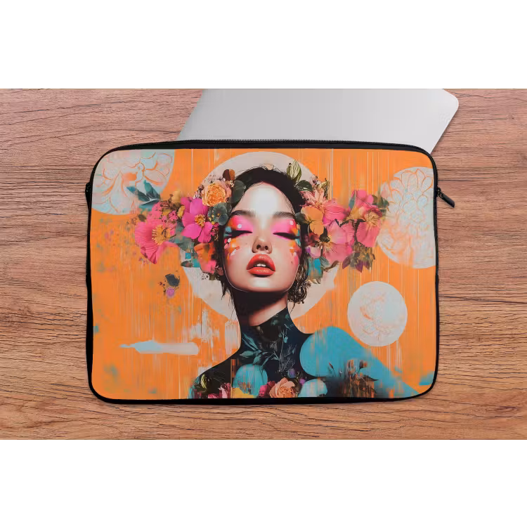 Portret - Vrouw - Abstract - Bloemen laptophoes neopreen klein -tafel