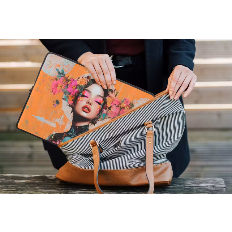 Portret - Vrouw - Abstract - Bloemen laptophoes neopreen klein -tas