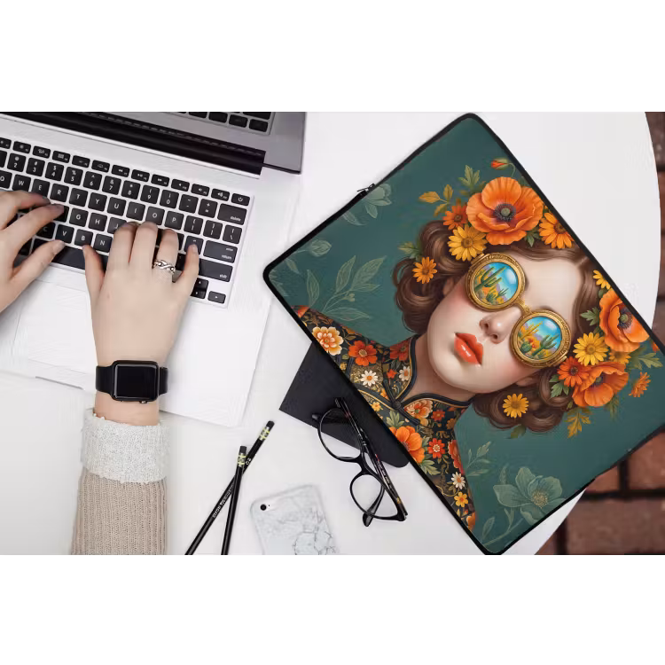 Portret - Vrouw - Kleurrijk - Expressief laptophoes neopreen klein -bureau