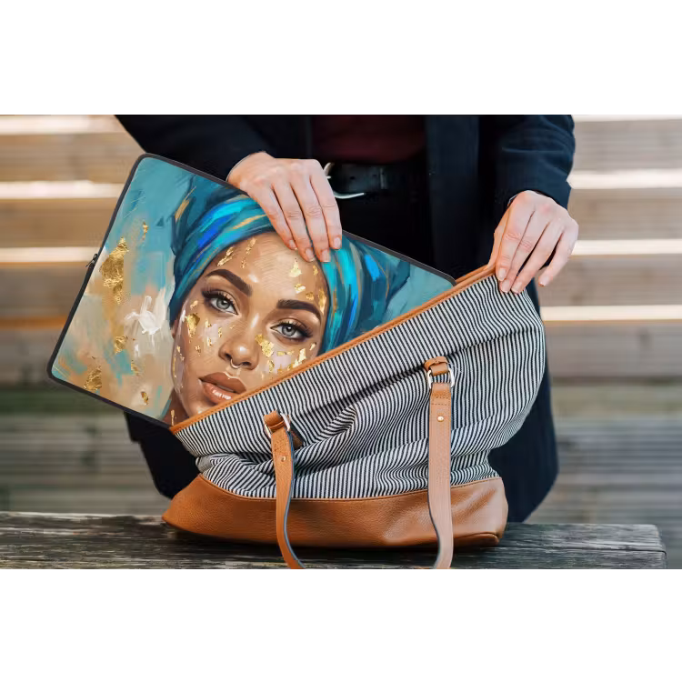 Portret - Vrouw - Schilderij - Blauw - Goud - Expressief laptophoes neopreen klein -tas