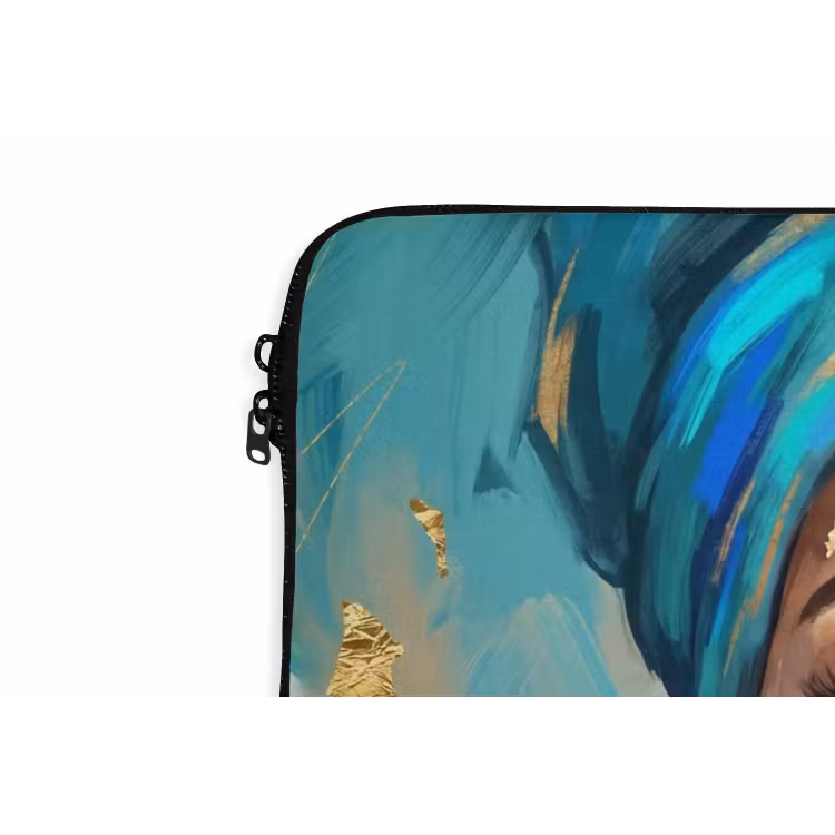 Portret - Vrouw - Schilderij - Blauw - Goud - Expressief laptophoes neopreen klein -detail
