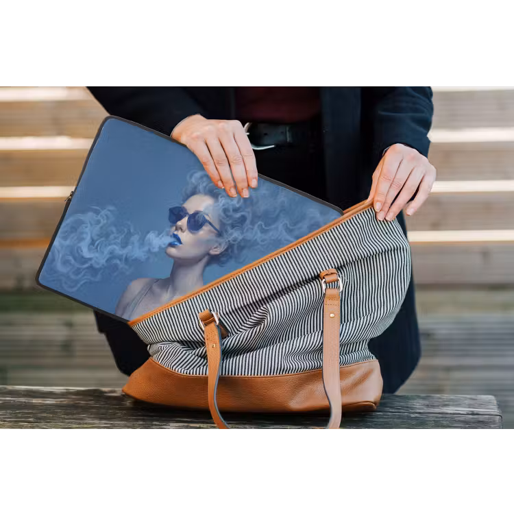 Portret - Zonnebril - Rook - Abstract - Blauw laptophoes neopreen klein -tas