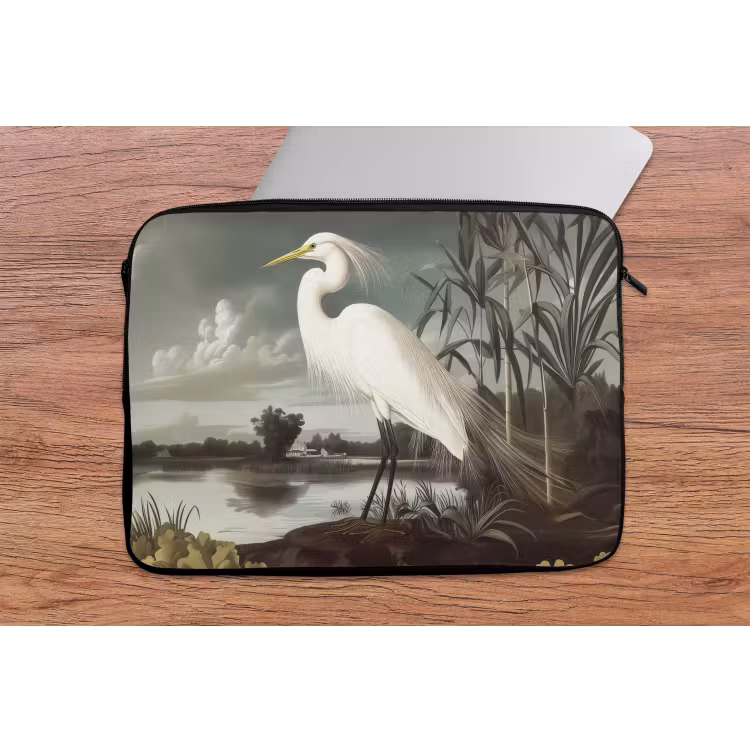 Reiger - Planten - Wolken - Wit laptophoes neopreen klein -tafel
