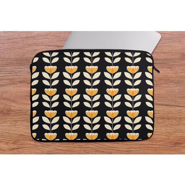 Retro - Bloem - Zwart - Okergeel laptophoes neopreen klein 279 -tafel