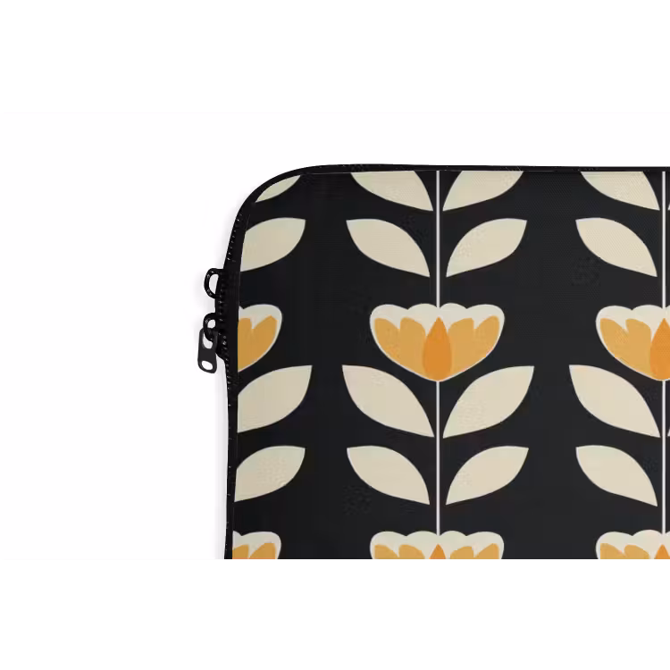 Retro - Bloem - Zwart - Okergeel laptophoes neopreen klein 279 -detail