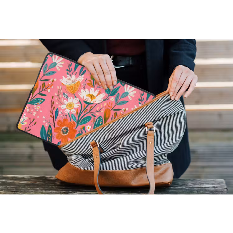 Roze - Bloemen - Wit - Oranje laptophoes neopreen klein -tas