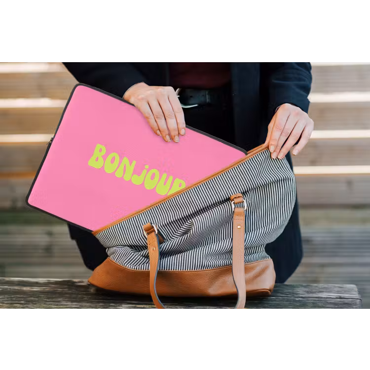 Roze - Groene bonjour - Organisch laptophoes neopreen klein -tas