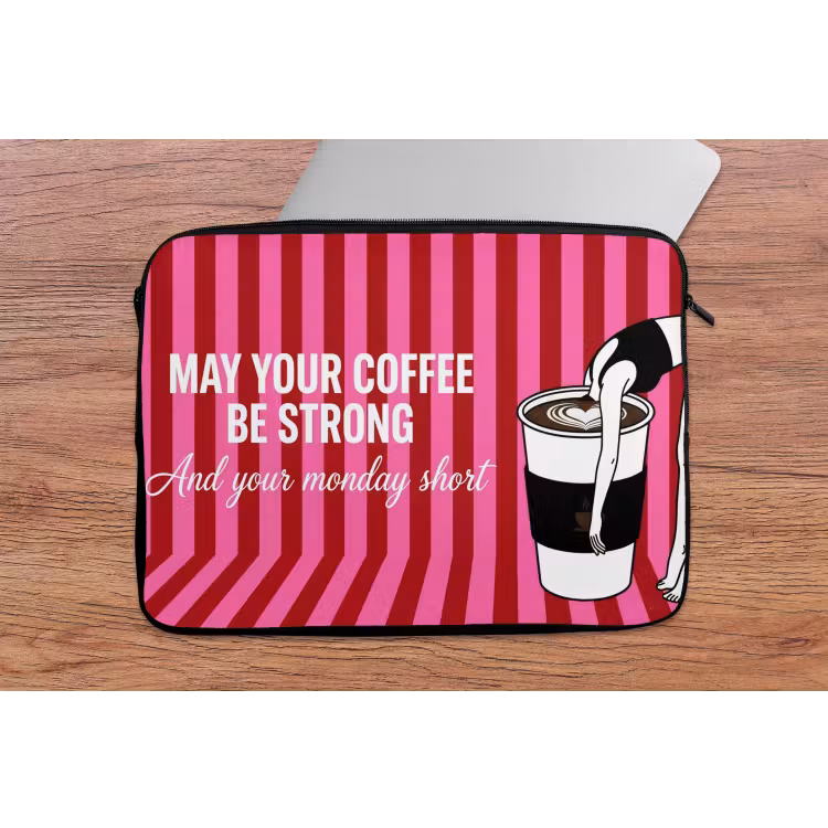 Roze - Strepen - Koffie - Maandag laptophoes neopreen klein -tafel