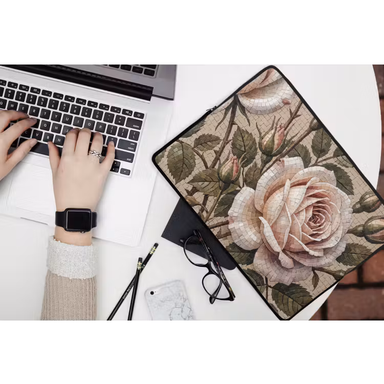 Roos - Mozaïek - Bloemen - Klassiek - Beige laptophoes neopreen klein -bureau