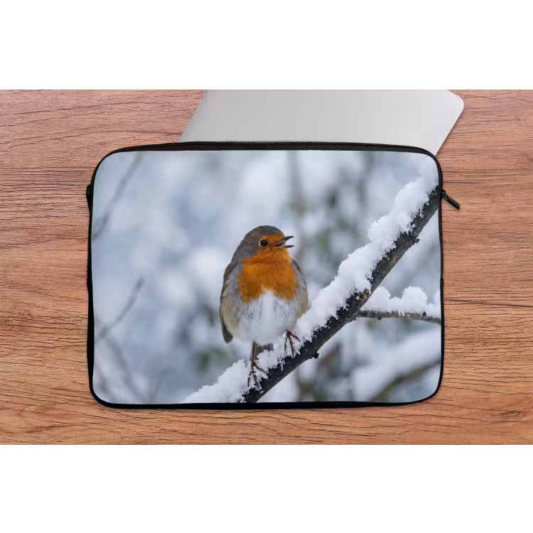 Roodborstje - Tak - Sneeuw - Winter - Levendig laptophoes neopreen klein -tafel