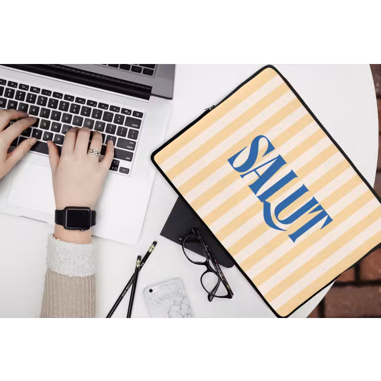 Salut - Quote - Strepen - Geel - Blauw - Wit laptophoes neopreen klein -bureau