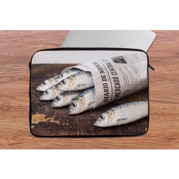 Laptop hülle - Sardine – Zeitung – Schneidebrett - Sardientje - krant - snijplank laptophoes neopreen klein
