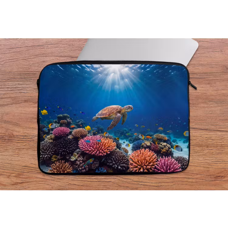 Schildpad - Koraalrif - Oceaan - Dieren - Blauw laptophoes neopreen klein -tafel