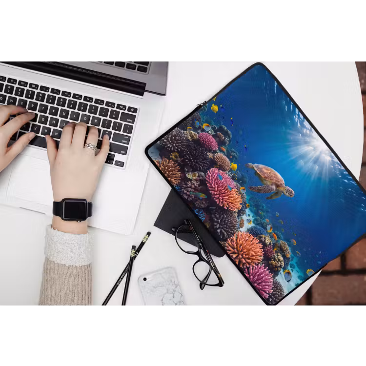 Schildpad - Koraalrif - Oceaan - Dieren - Blauw laptophoes neopreen klein -bureau