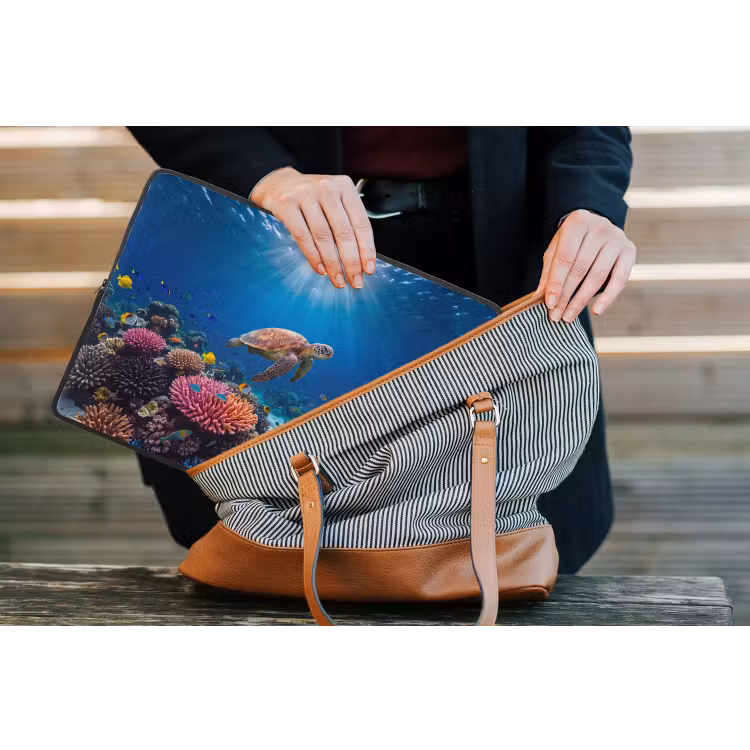 Schildpad - Koraalrif - Oceaan - Dieren - Blauw laptophoes neopreen klein -tas