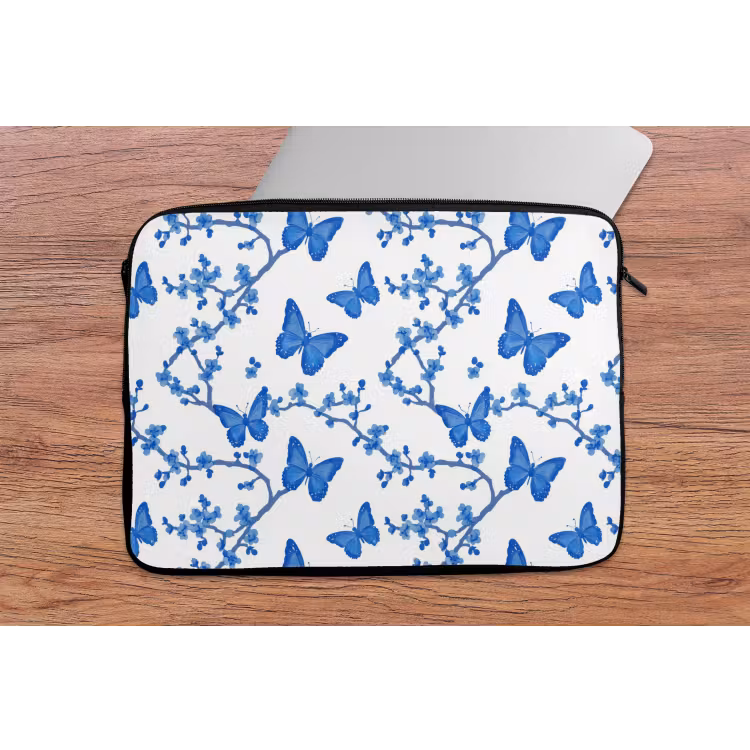 Vlinder - Bloemen - Blauw laptophoes neopreen klein 279 -tafel