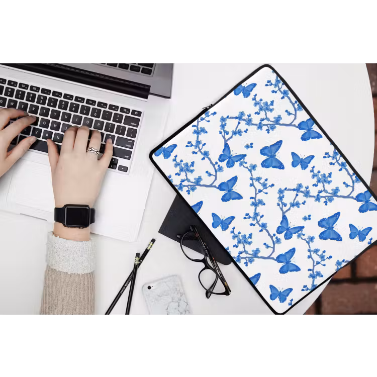 Vlinder - Bloemen - Blauw laptophoes neopreen klein 279 -bureau