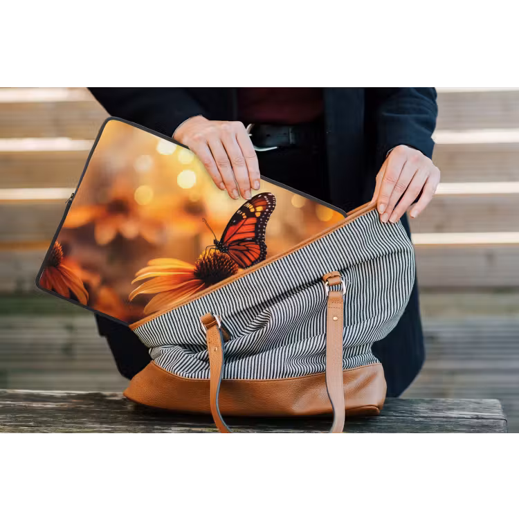 Vlinder - Bloemen - Oranje laptophoes neopreen klein -tas