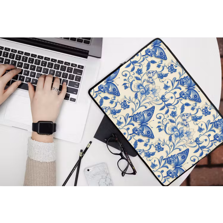 Vlinders - Bloemen - Blauw - Botanisch laptophoes neopreen klein 279 -bureau