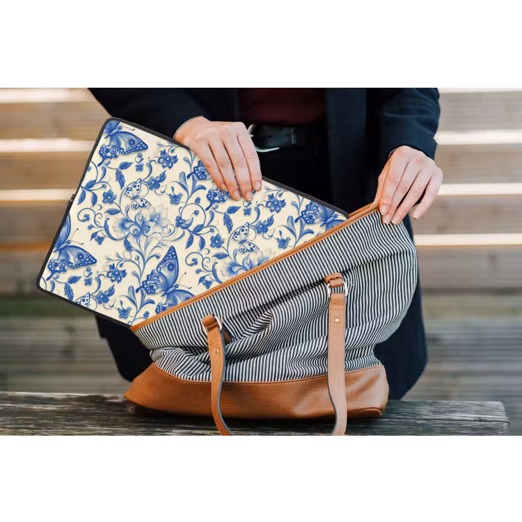 Vlinders - Bloemen - Blauw - Botanisch laptophoes neopreen klein 279 -tas