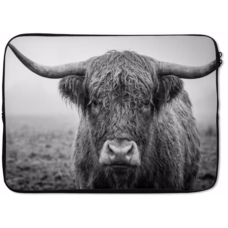 Schotse hooglander - Zwart - Wit - Gras laptophoes neopreen klein -zkaufland3dotto
