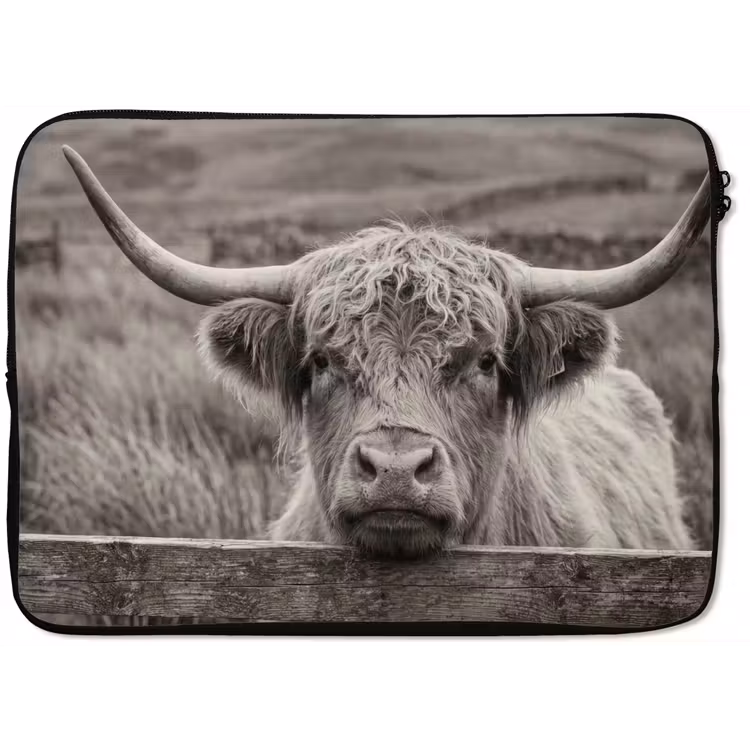 Schotse hooglander - Zwart - Wit - Hout laptophoes neopreen klein -zkaufland3dotto