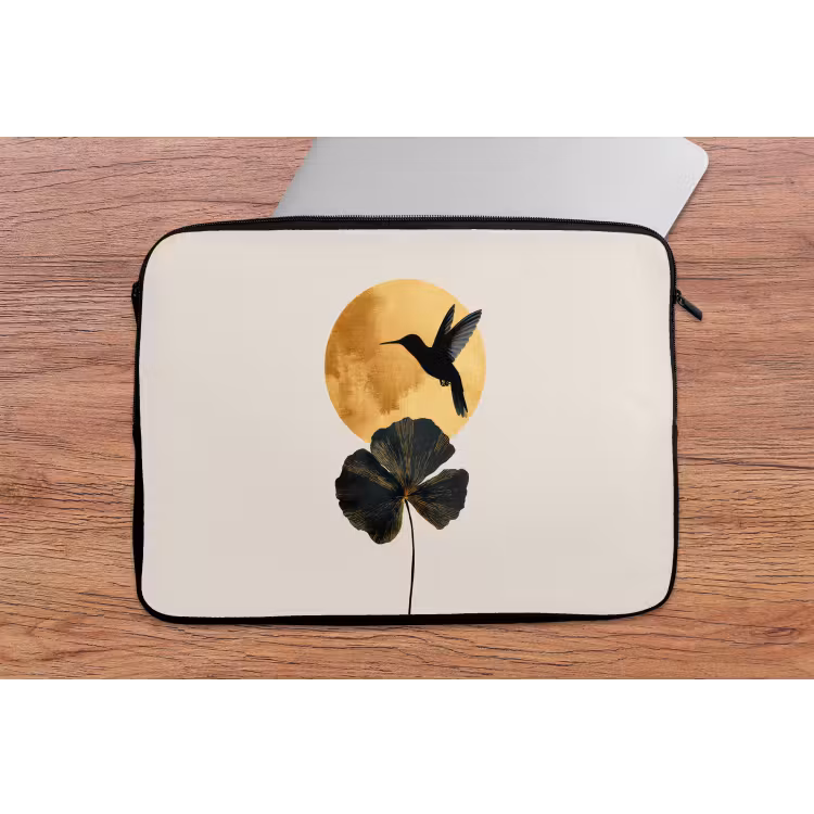 Zwarte kolibrie - Bloem - Gouden cirkel laptophoes neopreen klein -tafel